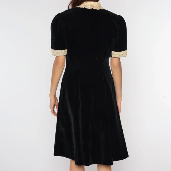 SOLD - 1940s Black Velvet Lace Trim Dress - Picture 2 of 6